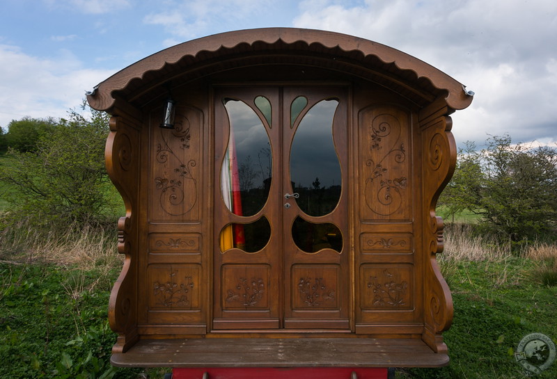 The beautiful carved entrance of Gitana, my roulotte