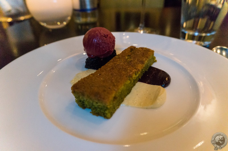 Pistachio olive oil cake with bramble sorbet