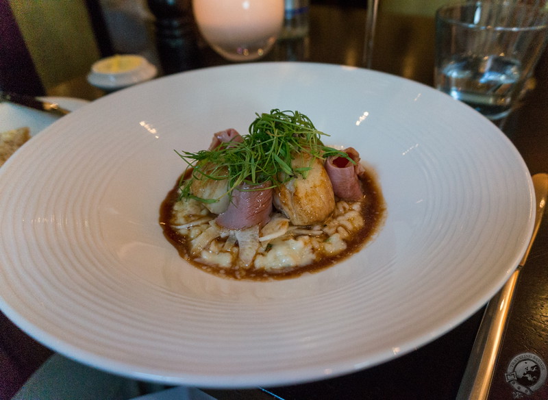 Scallops with smoked duck, risotto, and fennel