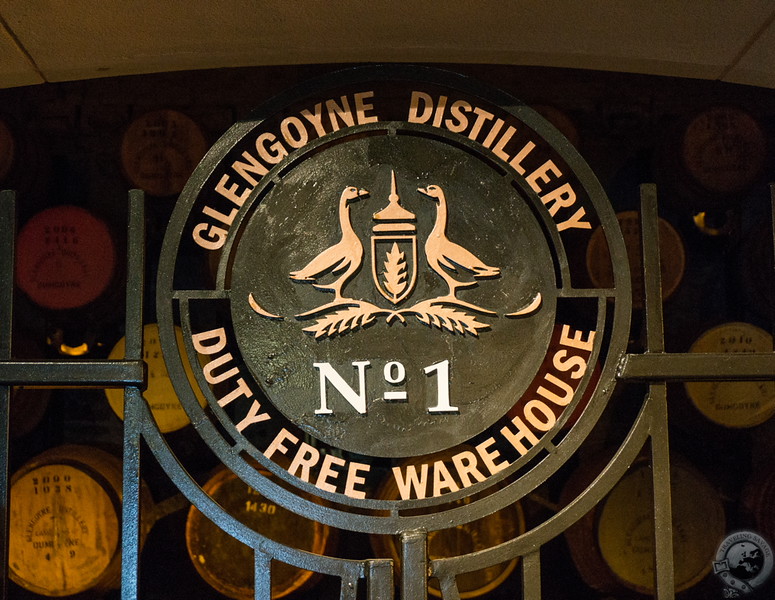 The beautiful wrought-iron sigil inside Glengoyne's duty-free warehouse