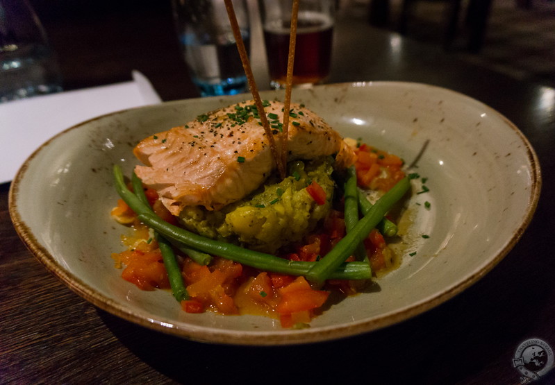 Salmon, beans, and mash